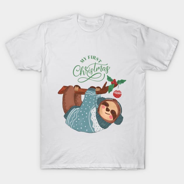 Baby's First Christmas, New Baby Gift sloth Christ Baby T-Shirt by Sruthi